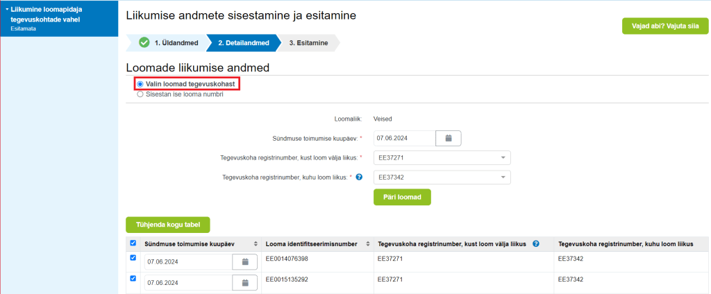 E-PRIA loomade registri loomade liikumise andmete vorm eeltäidetud väljadega