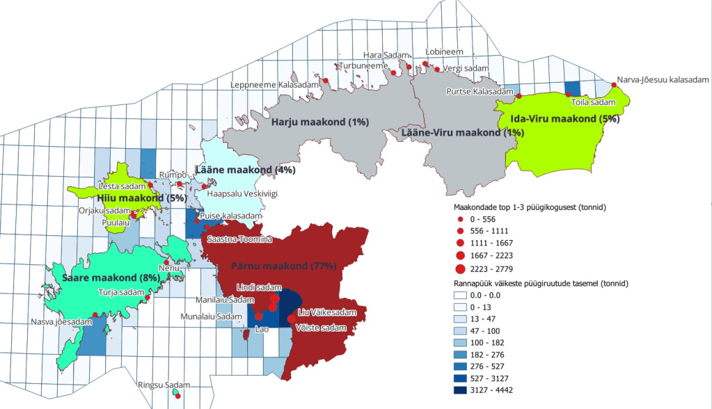 Rannakalanduse peamised lossimissadamad ja kogupüük protsentides 2024. aastal