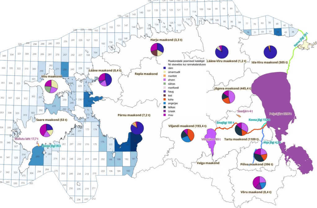 Siseveekogudest püütud kala kogused tonnides ja maakondade peamised püügiliigid (sh rannapüük) 2024. aastal